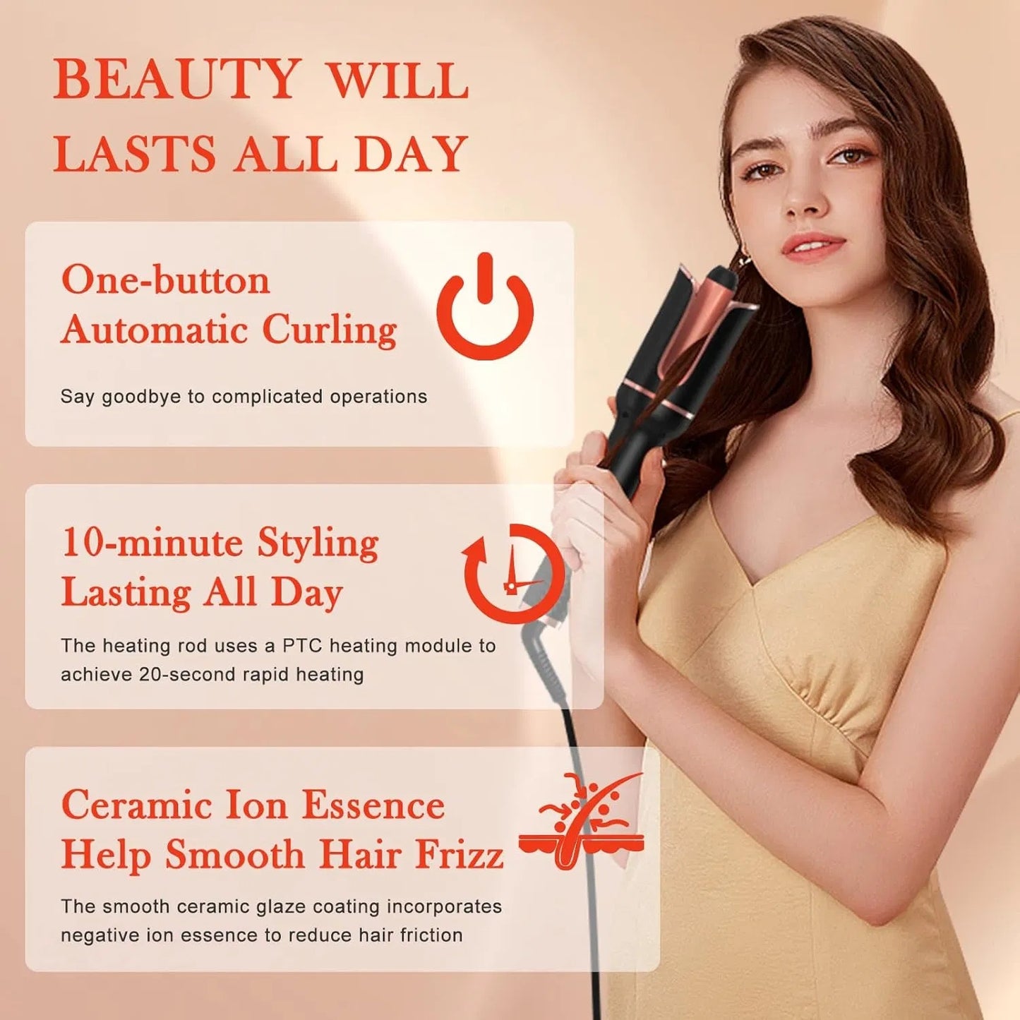 Automatic Curling Iron, Ceramic Ionic Auto-Rotating Hair Curling Wand With Anti-Stuck Technology - Black
