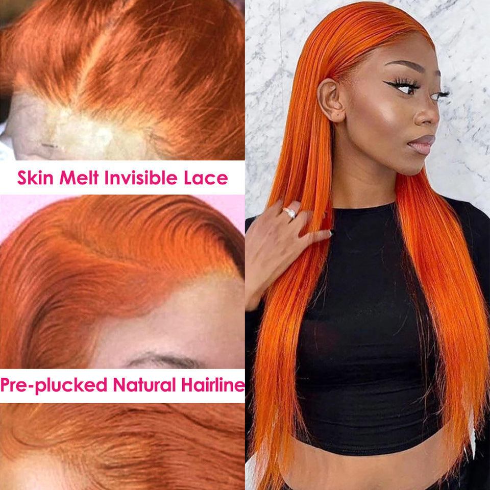 Orange wig with skin melt invisible lace and pre-plucked natural hairline, shown on a person.