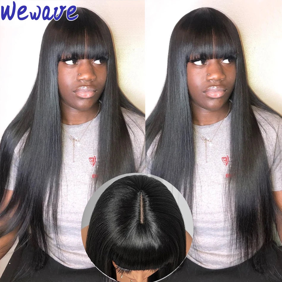 3X1 Middle Part Lace Wig Bone Straight Human Hair Wigs With Bangs Brazilian Full Machine Made 100% Human Hair Wigs For Women