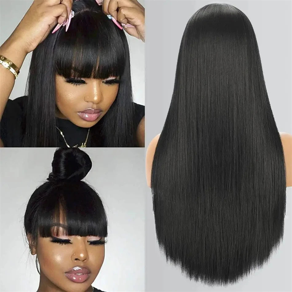3X1 Middle Part Lace Wig Bone Straight Human Hair Wigs With Bangs Brazilian Full Machine Made 100% Human Hair Wigs For Women