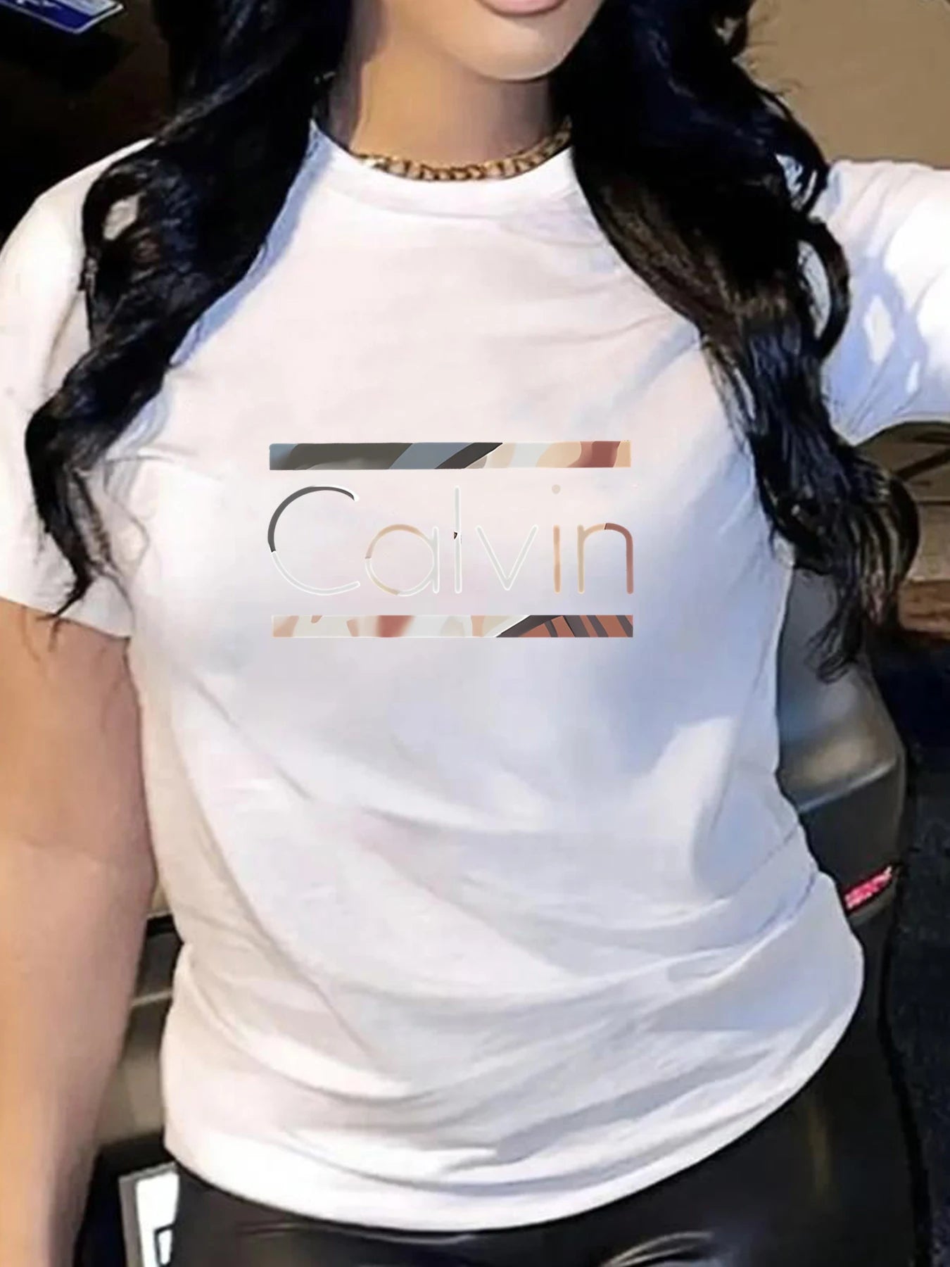 Calvi pattern round neck women T-shirt short sleeve fashion print half sleeve shirt stretch T-shirt