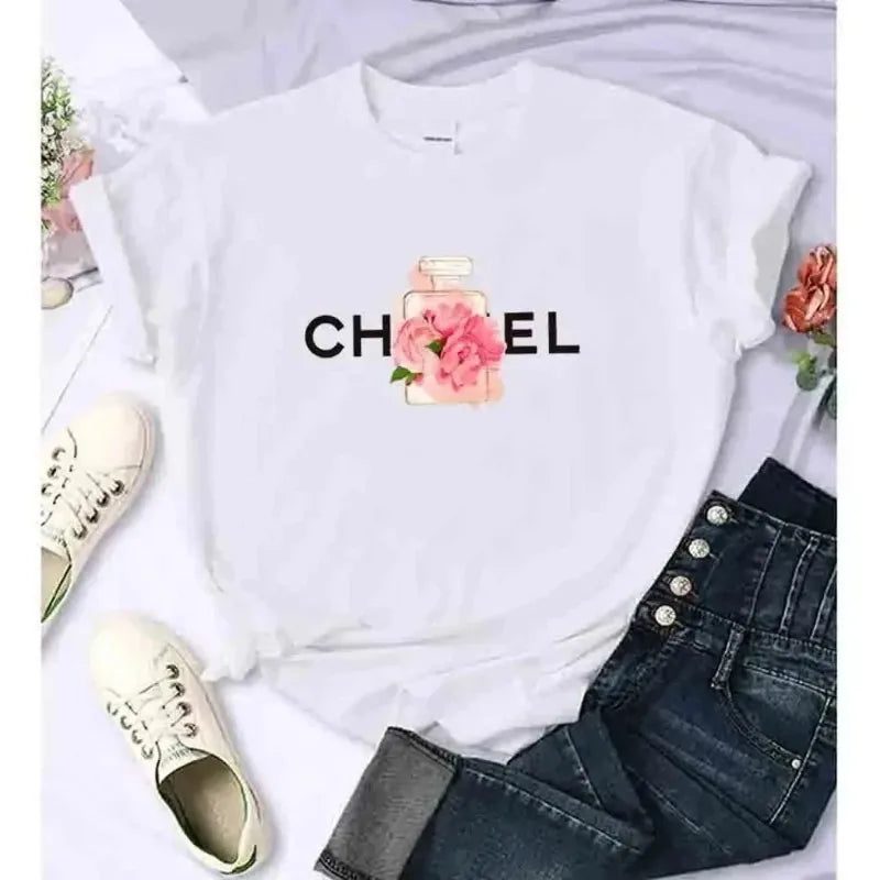 Women's T-Shirt Flower Perfume Shirt Pattern T-Shirt High Quality Short Sleeve Top