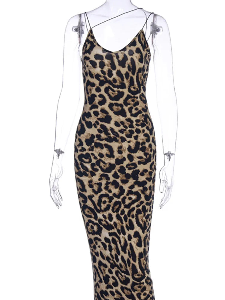 Leopard Print Sleeveless V-neck sexy midi dress women fashion