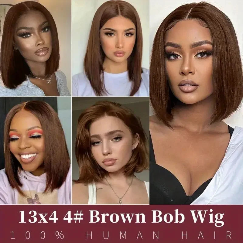 200 densityBrazilian Human Hair Chocolate Brown Short Bob Bone Straight 13x4 HD Transparent Lace Front Human Hair Wig For Women