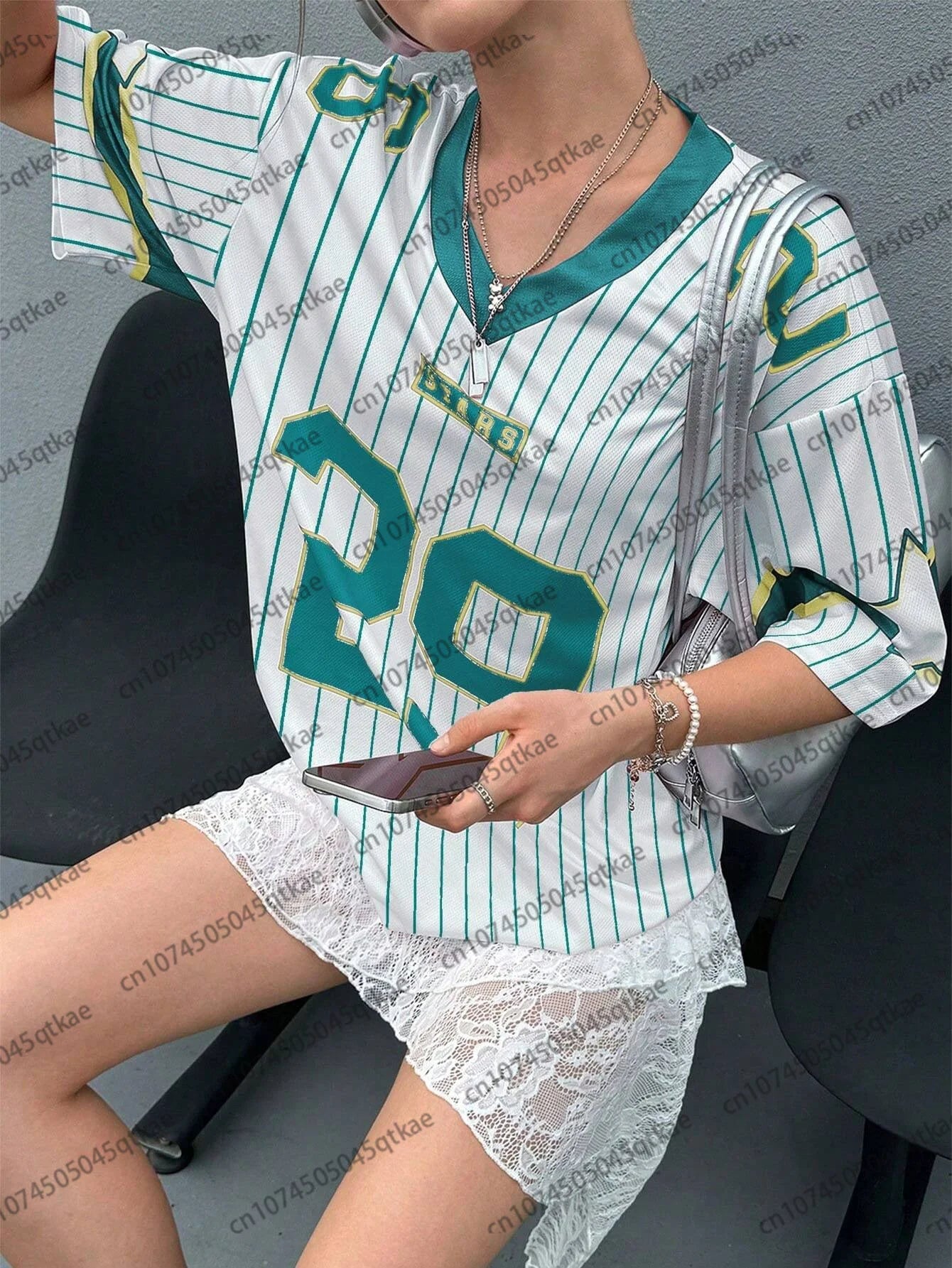 New Oversized T-shirt For Women V-Neck Short Sleeve Summer Fashion 29 Printed Streetwear Tops Casual Football Jersey Y2k Tees