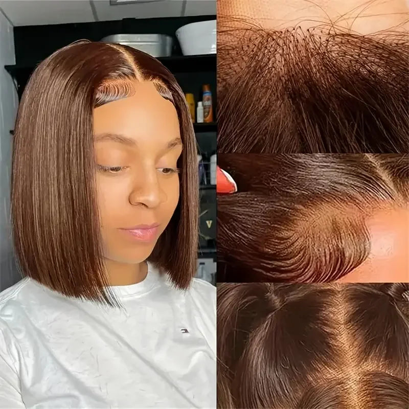 200 densityBrazilian Human Hair Chocolate Brown Short Bob Bone Straight 13x4 HD Transparent Lace Front Human Hair Wig For Women