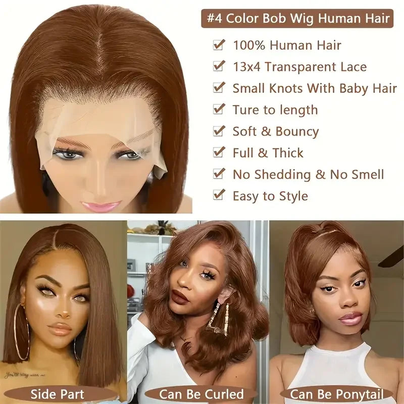 200 densityBrazilian Human Hair Chocolate Brown Short Bob Bone Straight 13x4 HD Transparent Lace Front Human Hair Wig For Women