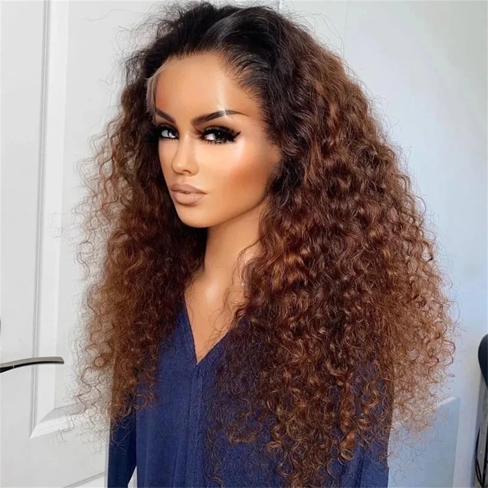 Soft Ombre Brown 180 Density 26 inch Kinky Curly Preplucked Long Hair Wig For Women Natural Hairline Wig With Afro Baby Hair