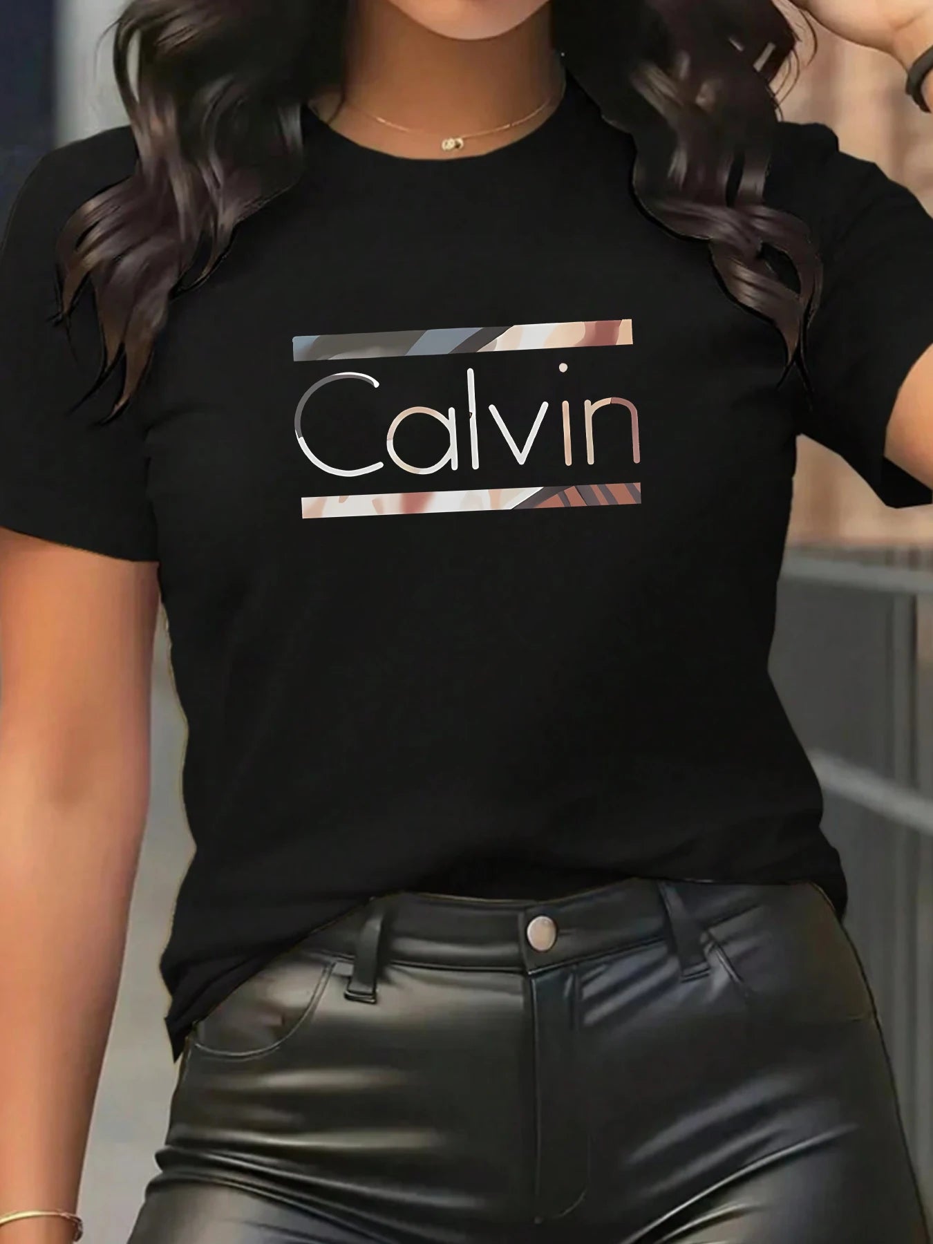 Calvi pattern round neck women T-shirt short sleeve fashion print half sleeve shirt stretch T-shirt