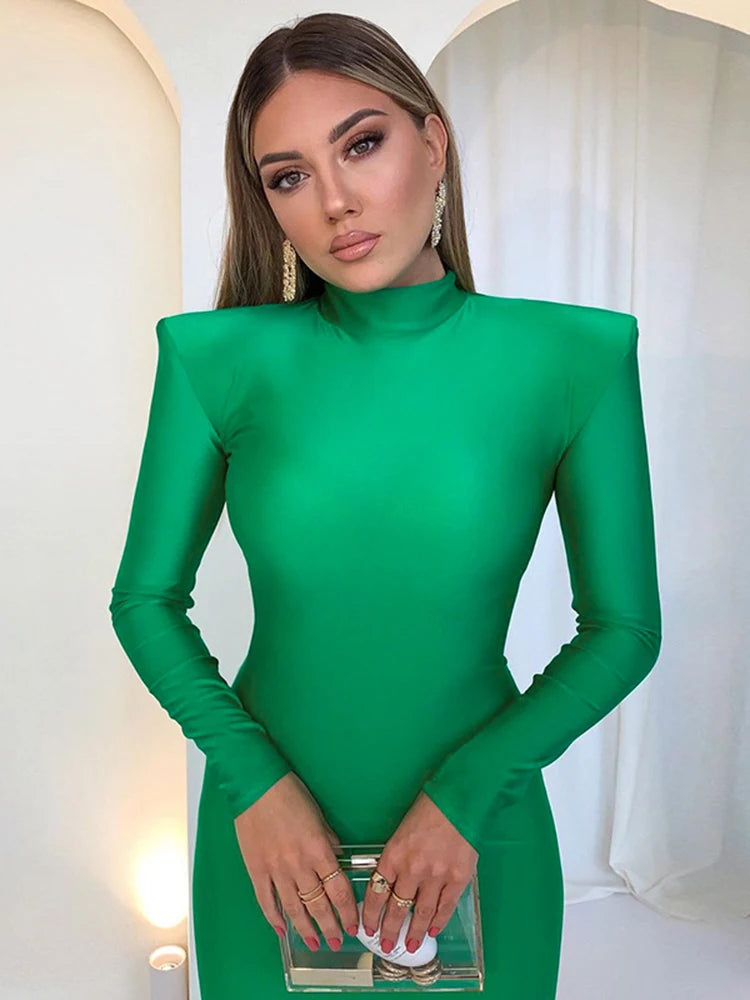 Dress Long Sleeve With Shoulder Pads Turtleneck Maxi Dress Elegant Skinny