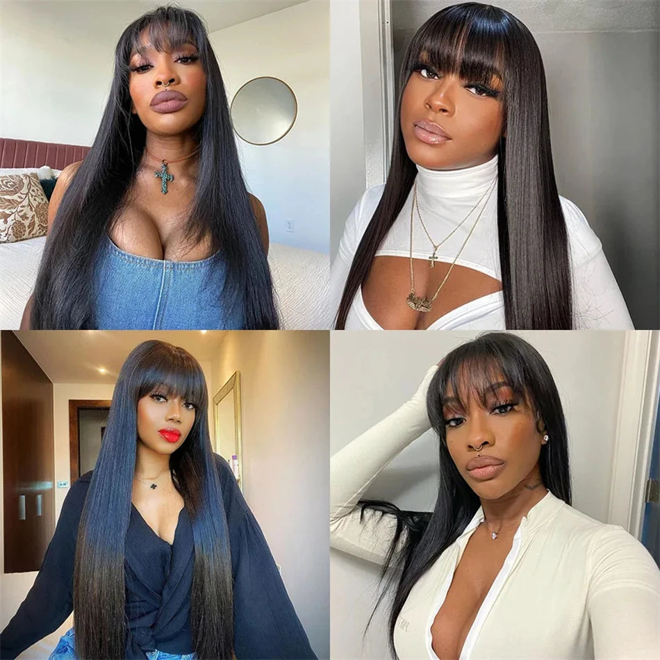 3X1 Middle Part Lace Wig Bone Straight Human Hair Wigs With Bangs Brazilian Full Machine Made 100% Human Hair Wigs For Women