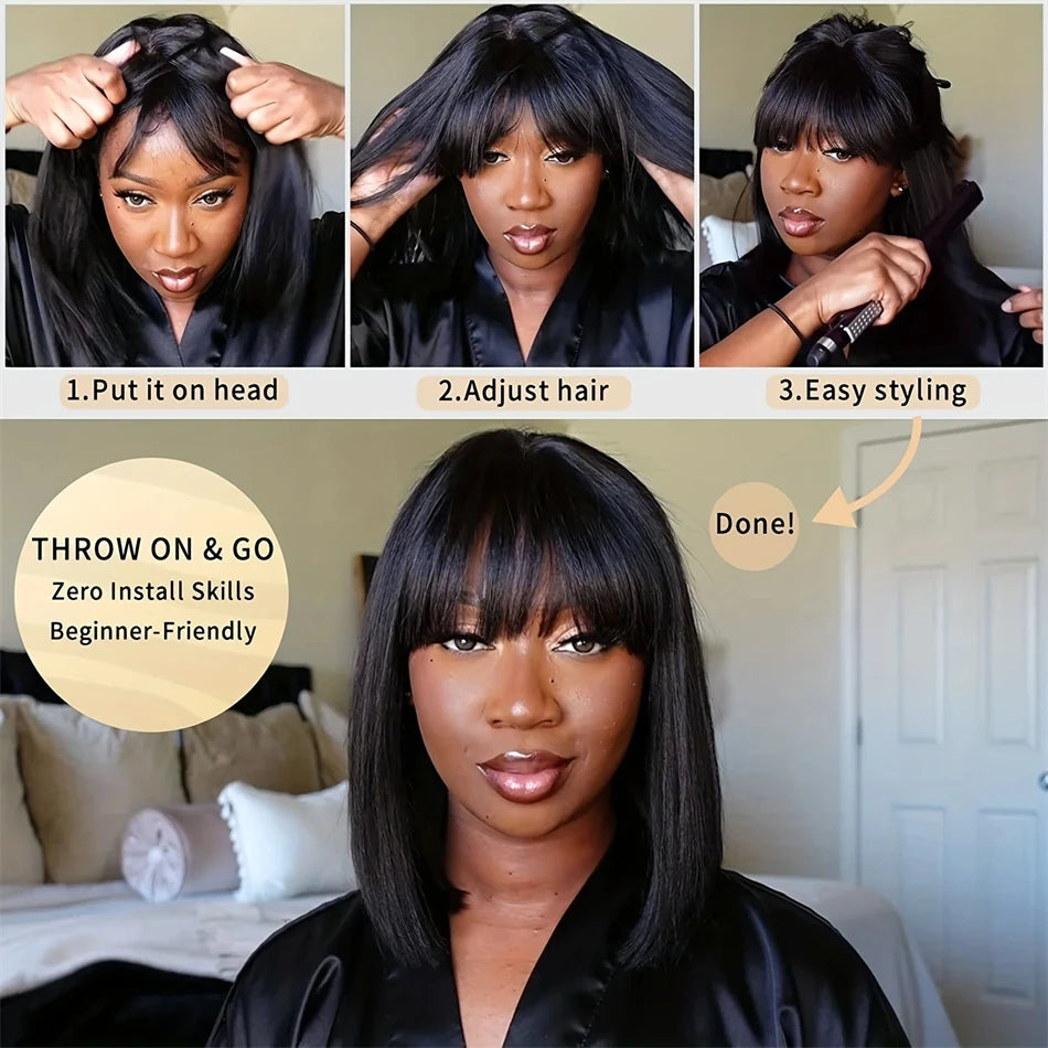 3X1 Middle Part Lace Wig Bone Straight Human Hair Wigs With Bangs Brazilian Full Machine Made 100% Human Hair Wigs For Women