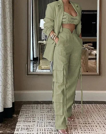 Apricot Top & Wide Leg Pants Set Elegant Women Lace Up Wide Leg Pant Sets Two Piece Set High Waist Trousers Suit