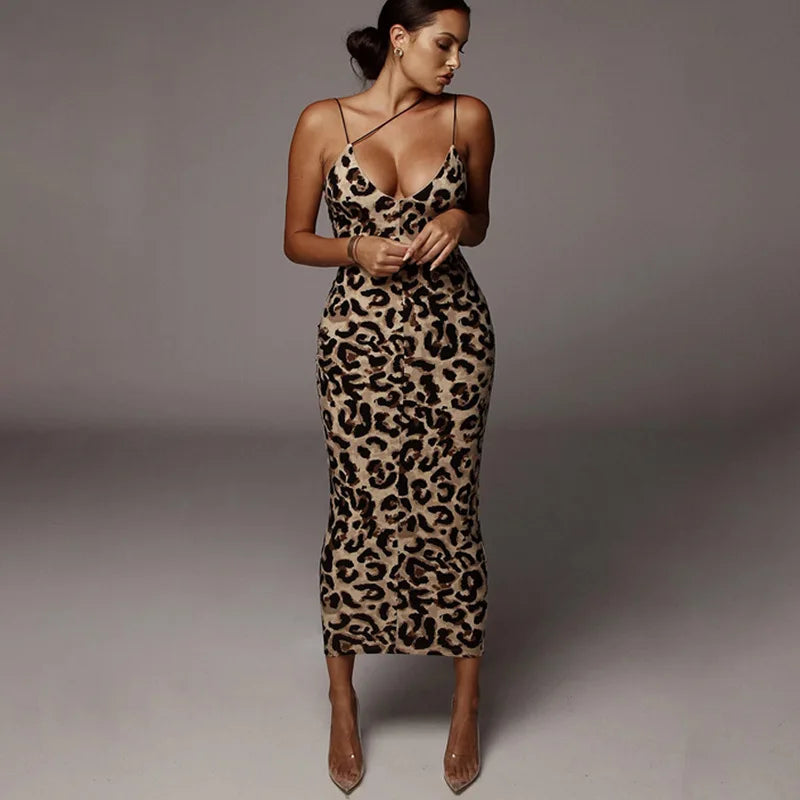 Leopard Print Sleeveless V-neck sexy midi dress women fashion