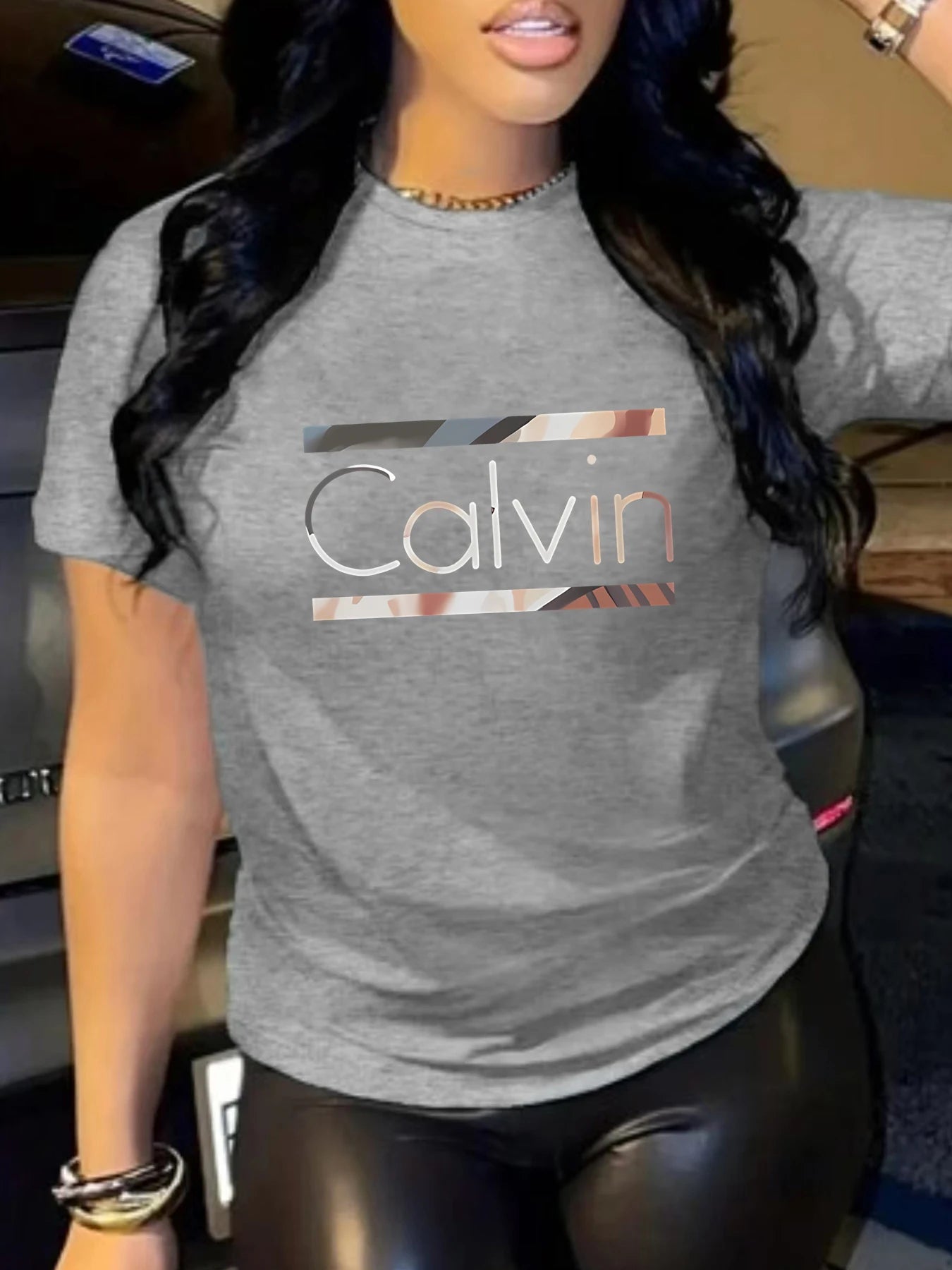 Calvi pattern round neck women T-shirt short sleeve fashion print half sleeve shirt stretch T-shirt