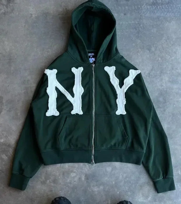 European and American Trendy Brand Fashion Jacket Letter Embroidered Oversized Hoodie Men Y2k Harajuku Retro Zipper Sweatshirt