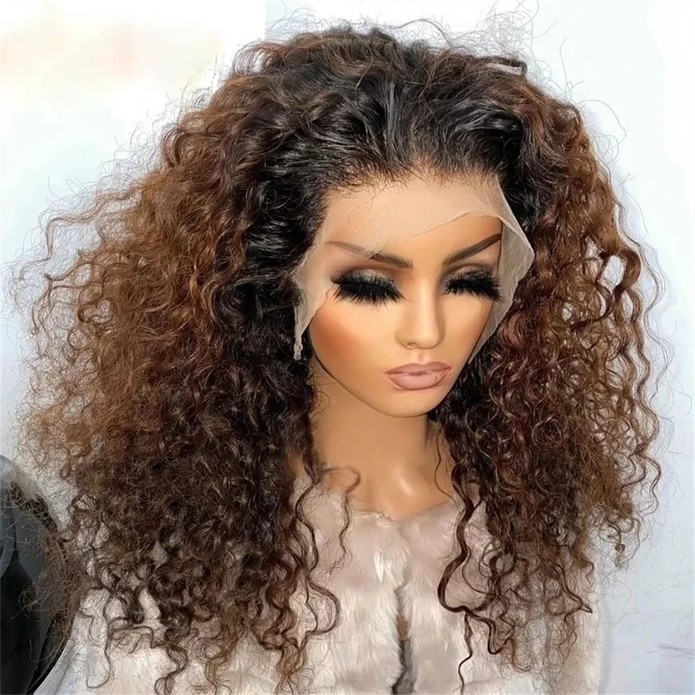 Soft Ombre Brown 180 Density 26 inch Kinky Curly Preplucked Long Hair Wig For Women Natural Hairline Wig With Afro Baby Hair