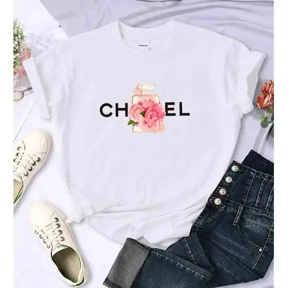 Women's T-Shirt Flower Perfume Shirt Pattern T-Shirt High Quality Short Sleeve Top