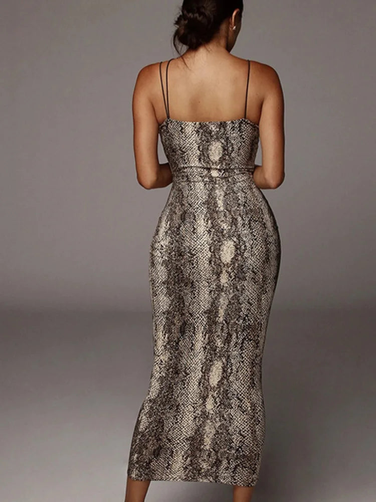 Leopard Print Sleeveless V-neck sexy midi dress women fashion