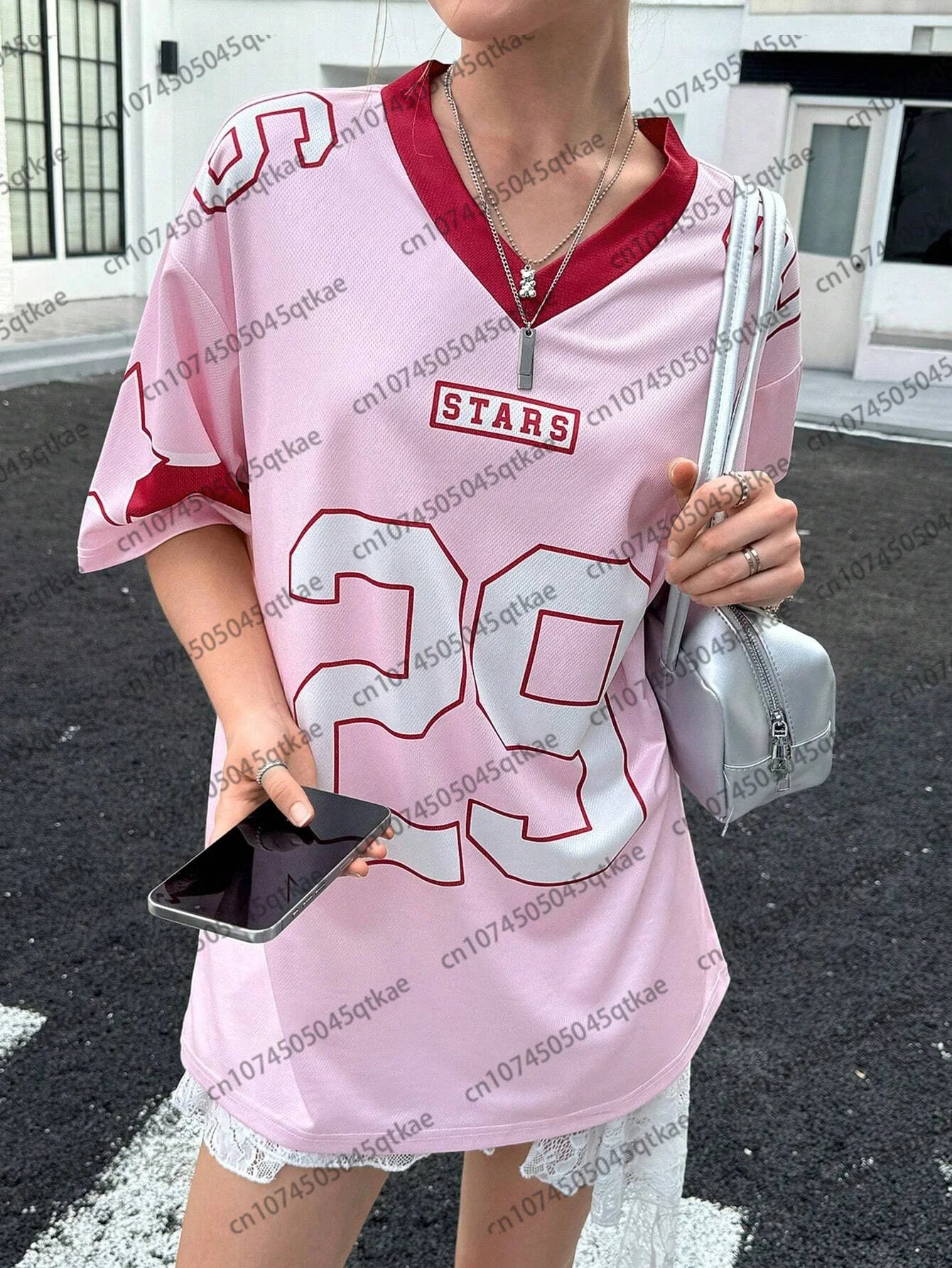 New Oversized T-shirt For Women V-Neck Short Sleeve Summer Fashion 29 Printed Streetwear Tops Casual Football Jersey Y2k Tees