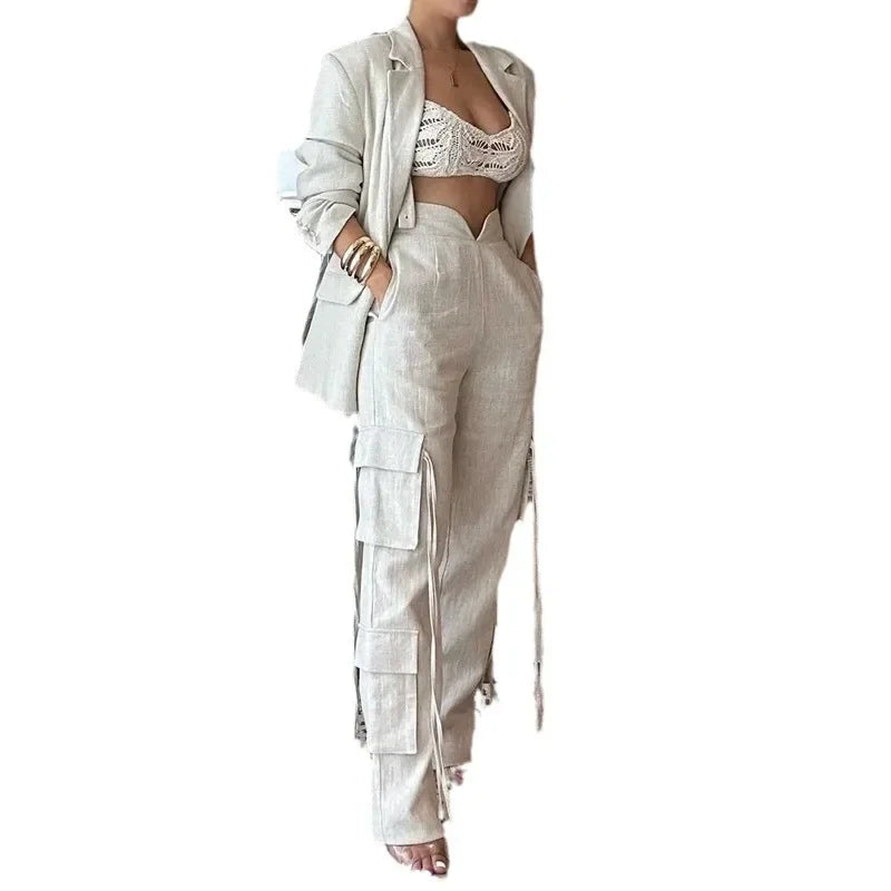 Apricot Top & Wide Leg Pants Set Elegant Women Lace Up Wide Leg Pant Sets Two Piece Set High Waist Trousers Suit