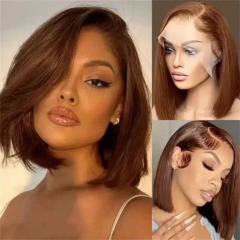 200 densityBrazilian Human Hair Chocolate Brown Short Bob Bone Straight 13x4 HD Transparent Lace Front Human Hair Wig For Women