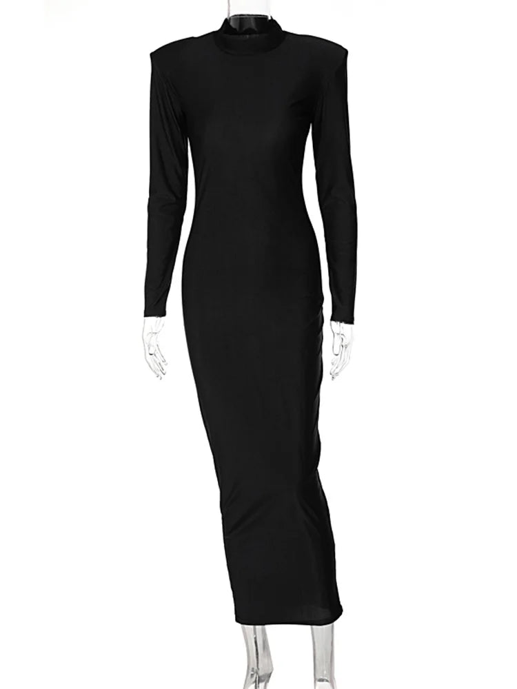 Dress Long Sleeve With Shoulder Pads Turtleneck Maxi Dress Elegant Skinny