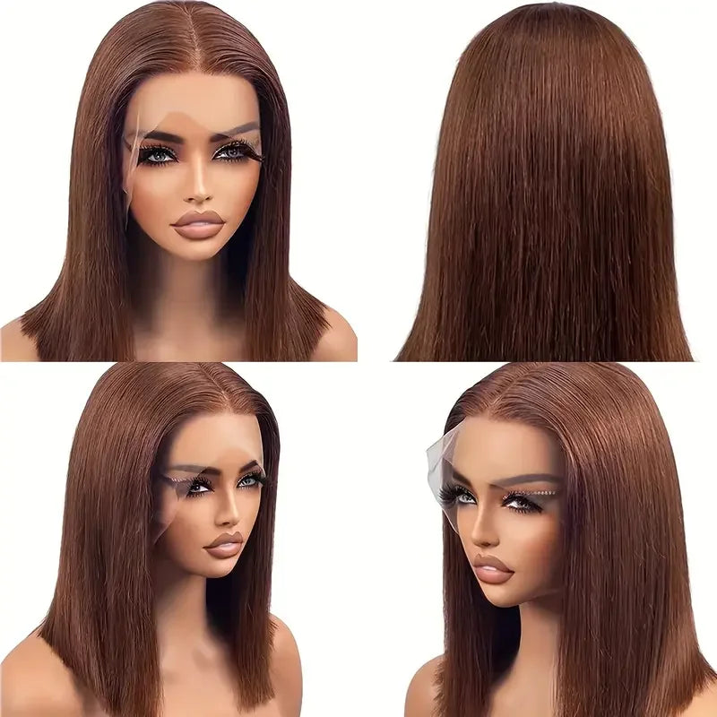 200 densityBrazilian Human Hair Chocolate Brown Short Bob Bone Straight 13x4 HD Transparent Lace Front Human Hair Wig For Women