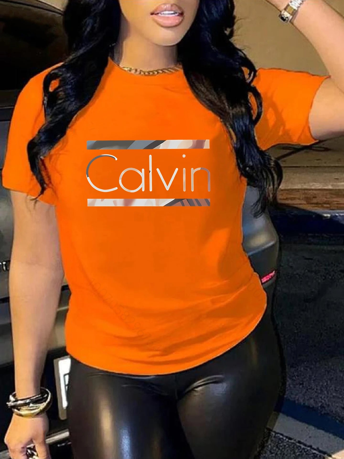 Calvi pattern round neck women T-shirt short sleeve fashion print half sleeve shirt stretch T-shirt
