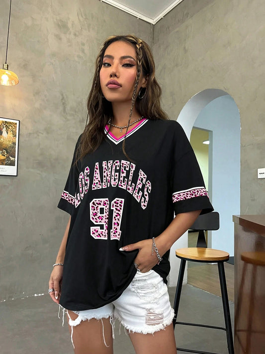 Women's T-shirt No.91 Leopard Print V-neck T-shirt Loose And Fashionable Sports Short Sleeved Spring And Summer Casual Top Tee