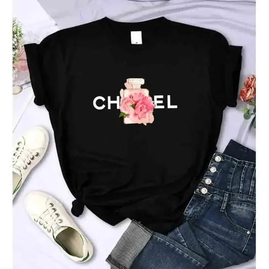 Women's T-Shirt Flower Perfume Shirt Pattern T-Shirt High Quality Short Sleeve Top