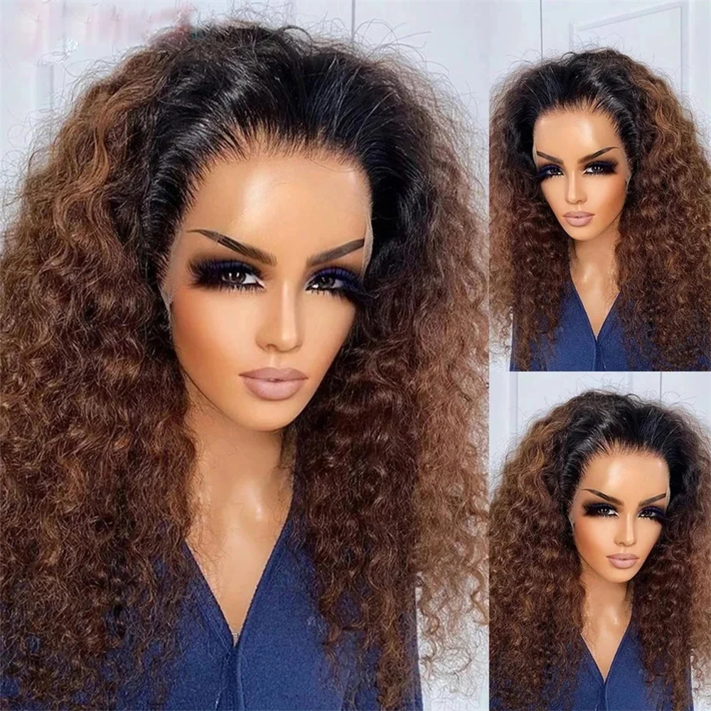 Soft Ombre Brown 180 Density 26 inch Kinky Curly Preplucked Long Hair Wig For Women Natural Hairline Wig With Afro Baby Hair