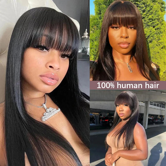 3X1 Middle Part Lace Wig Bone Straight Human Hair Wigs With Bangs Brazilian Full Machine Made 100% Human Hair Wigs For Women