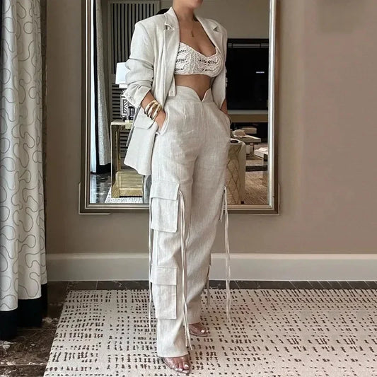 Apricot Top & Wide Leg Pants Set Elegant Women Lace Up Wide Leg Pant Sets Two Piece Set High Waist Trousers Suit